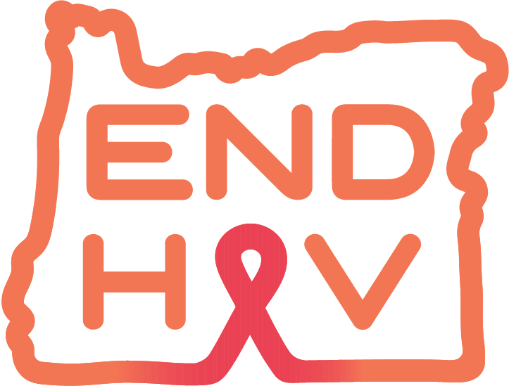 The End HIV Oregon logo - an orange outline of the state of Oregon, with "End HIV" inside. The I in "HIV" is a red ribbon.